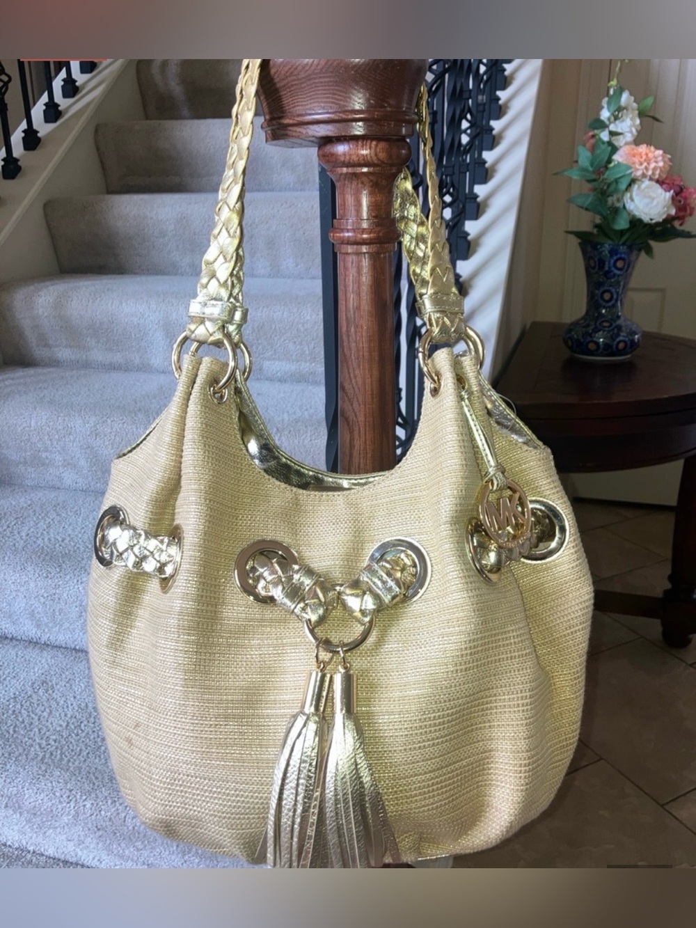 Michael Kors Gold Straw-Style Shoulder Hobo with Braided Straps and Tassel